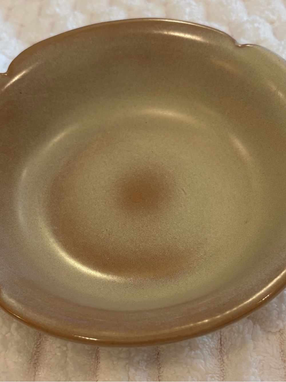 Vintage Frankoma Pottery Handled scalloped dish in a glossy desert gold glaze.